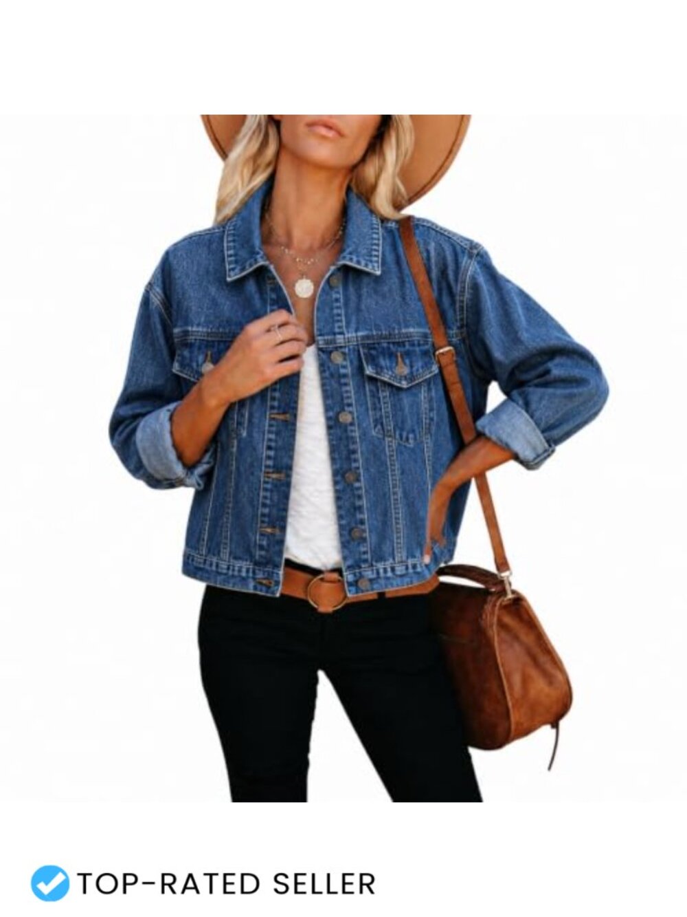 Cropped Denim Jacket Women Button Down Lapel Collar Flap Pockets Casual